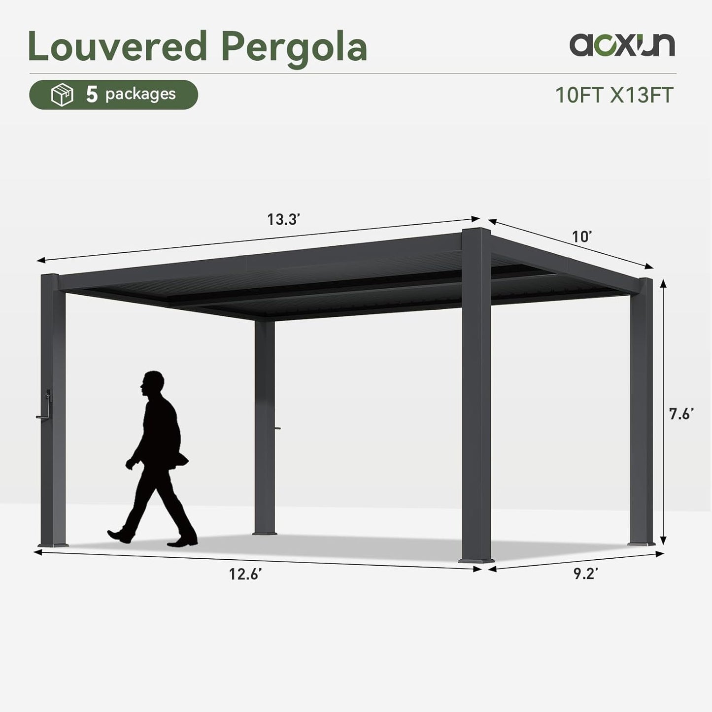 Aoxun Louvered Pergola 10' x 13' 96S Outdoor Metal Pergola with Adjustable Top for Decks, Gardens and Backyards, Easy Assembly via Structural Patent, Gray