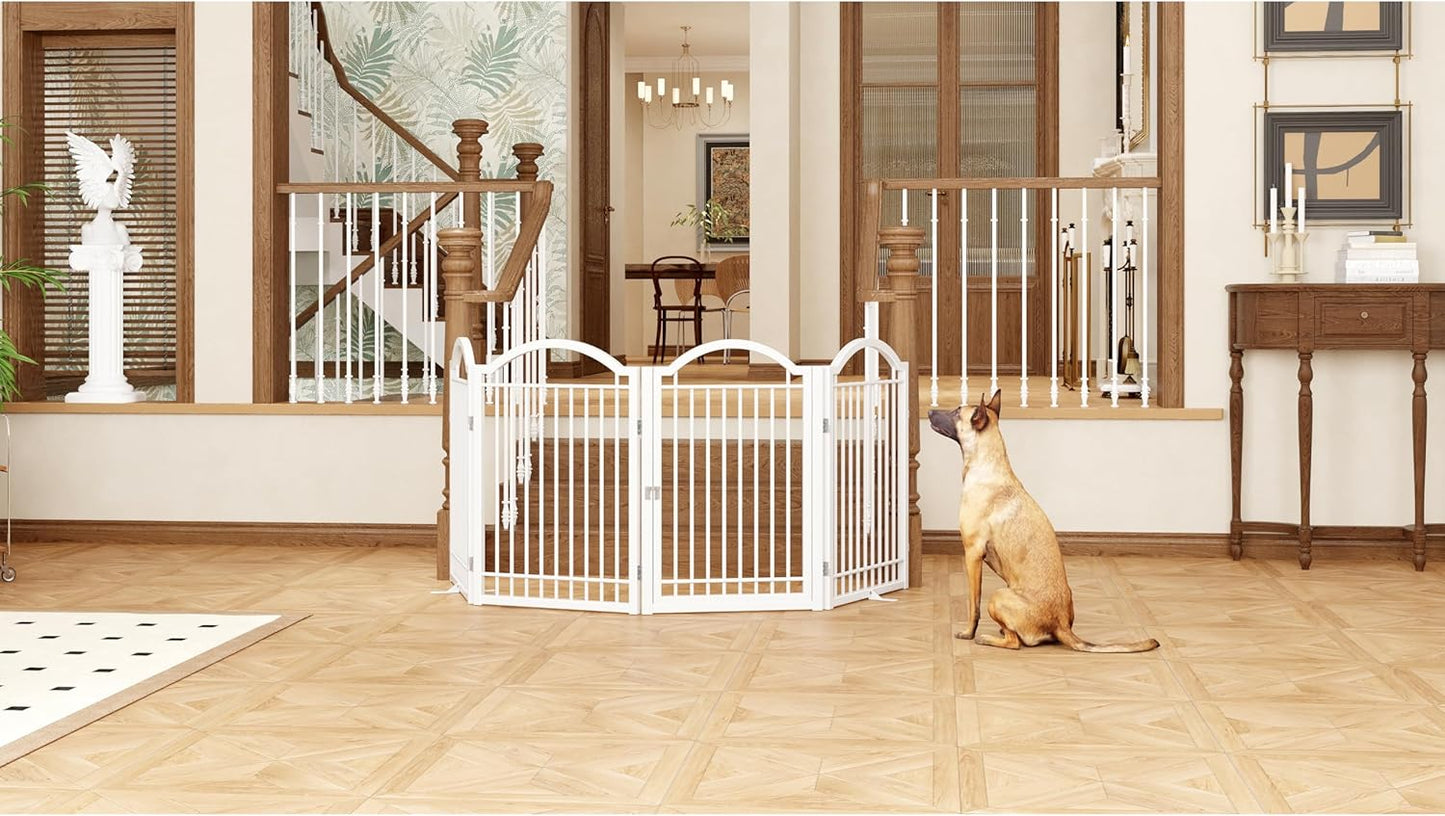 BHG Metal Freestanding Dog Gate, 96" Wide x 32" Tall, Walk-Through Design, Extra Sturdy Accordion Folding Playpen, Includes 2 Support Panels