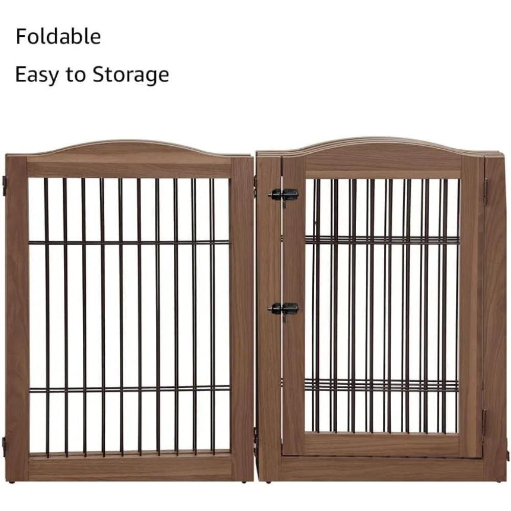 Pet Playpen with Wood and Wire, 6 Panels Extra Wide Freestanding Walk Through Dog Gate with 5 Support Feet, Foldable Sta