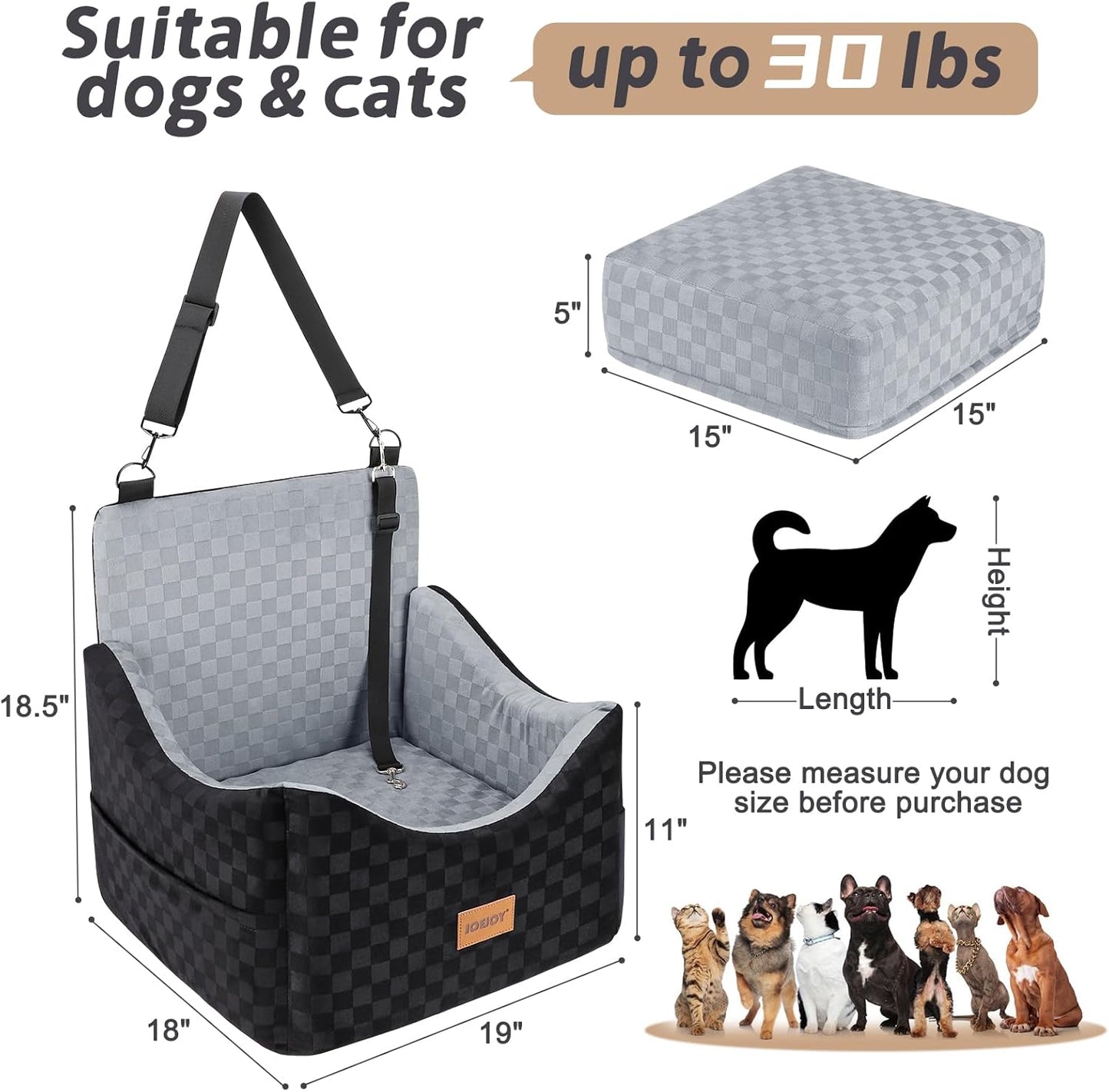 JOEJOY Memory Foam Dog Booster Seat: Secure Car Bed for Small/Medium Dogs up to 35 lbs. Includes Safety Belts, Washable Cover, & Storage Pockets. Grey.