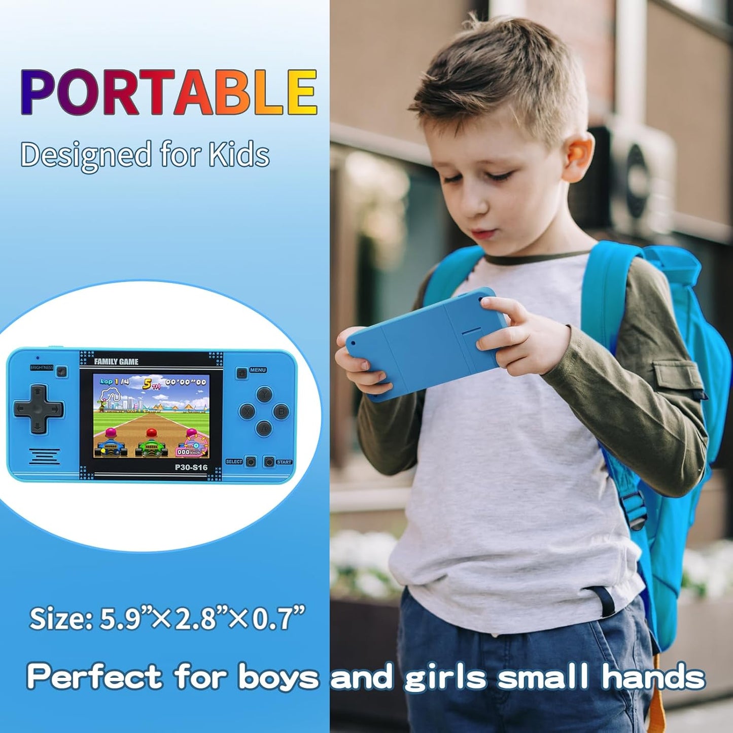 Handheld Game Console for Kids: 220 Pre-Loaded Retro Games, 3" LCD Screen, Rechargeable Battery, Portable Gaming System - Gift for Boys and Girls (Blue) [197 characters]