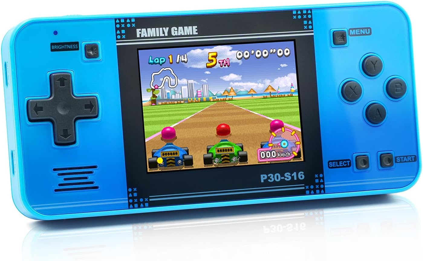 Handheld Game Console for Kids: 220 Pre-Loaded Retro Games, 3" LCD Screen, Rechargeable Battery, Portable Gaming System - Gift for Boys and Girls (Blue) [197 characters]