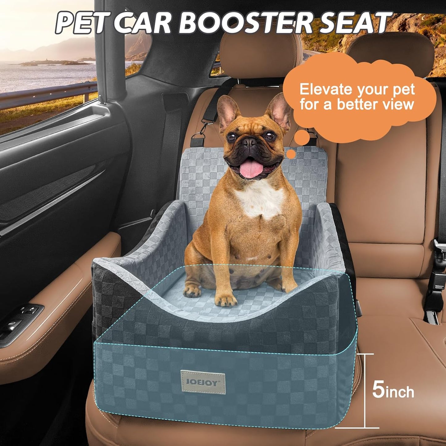 JOEJOY Memory Foam Dog Booster Seat: Secure Car Bed for Small/Medium Dogs up to 35 lbs. Includes Safety Belts, Washable Cover, & Storage Pockets. Grey.