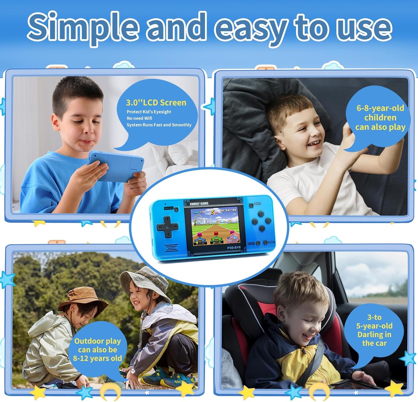 Handheld Game Console for Kids: 220 Pre-Loaded Retro Games, 3" LCD Screen, Rechargeable Battery, Portable Gaming System - Gift for Boys and Girls (Blue) [197 characters]