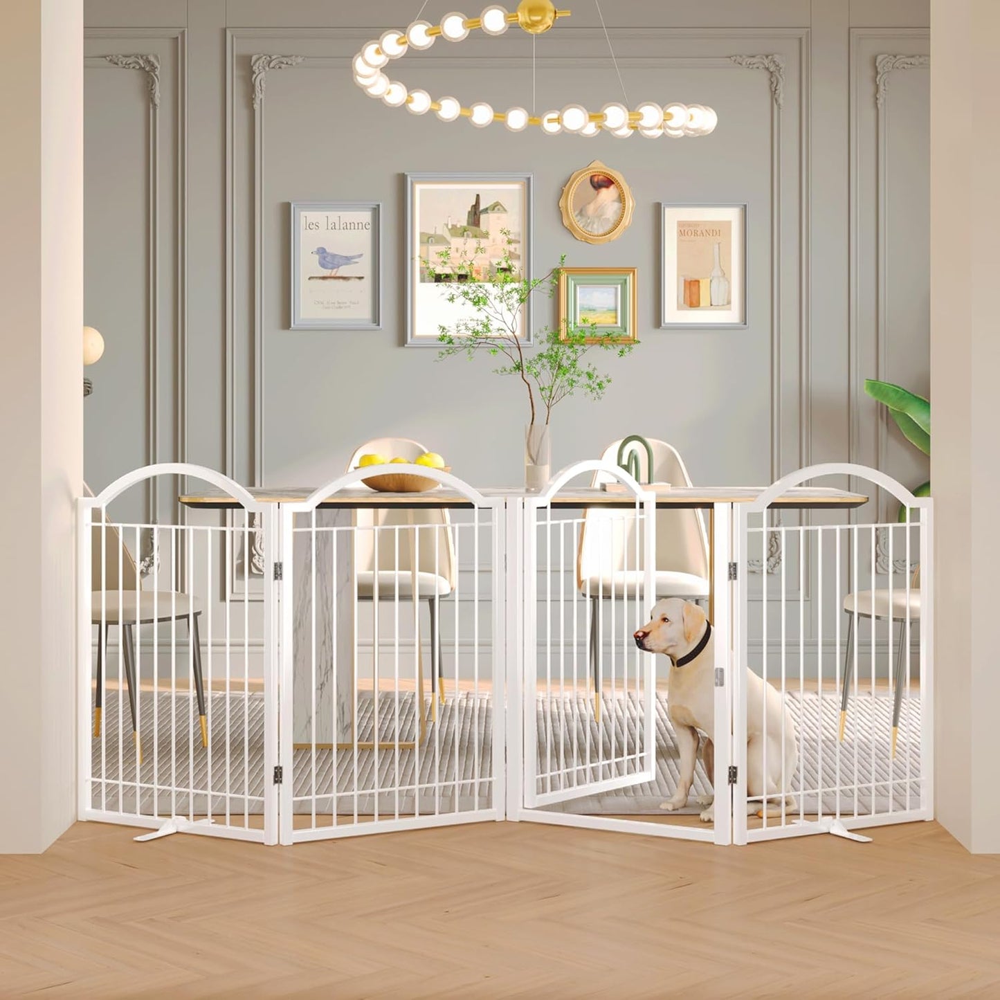 BHG Metal Freestanding Dog Gate, 96" Wide x 32" Tall, Walk-Through Design, Extra Sturdy Accordion Folding Playpen, Includes 2 Support Panels