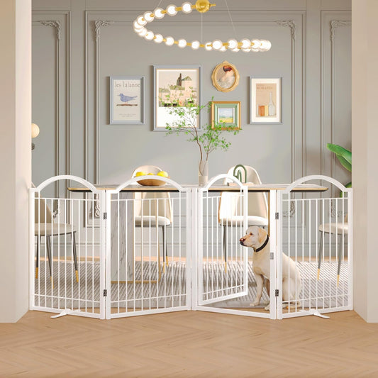 BHG Metal Freestanding Dog Gate, 96" Wide x 32" Tall, Walk-Through Design, Extra Sturdy Accordion Folding Playpen, Includes 2 Support Panels