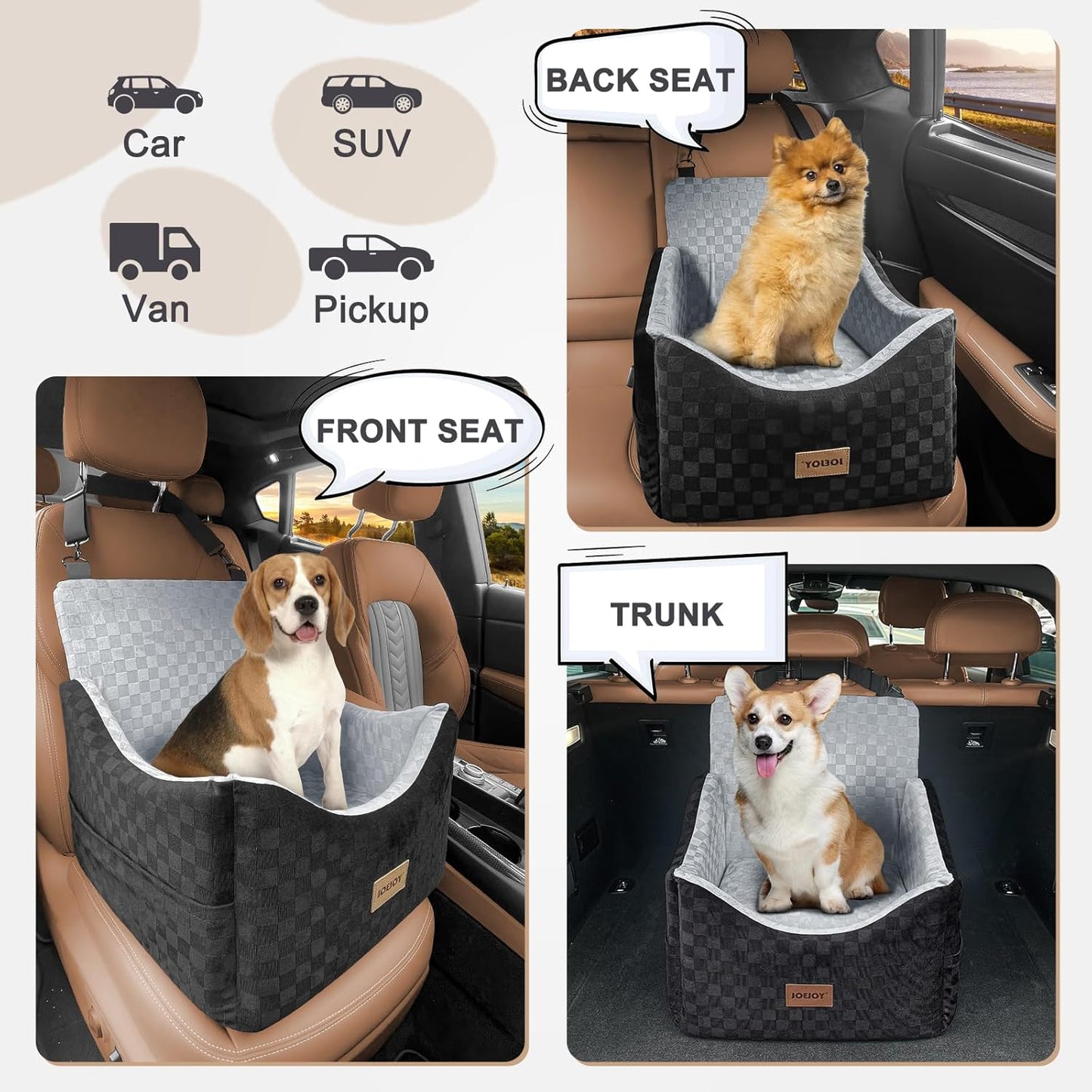 JOEJOY Memory Foam Dog Booster Seat: Secure Car Bed for Small/Medium Dogs up to 35 lbs. Includes Safety Belts, Washable Cover, & Storage Pockets. Grey.