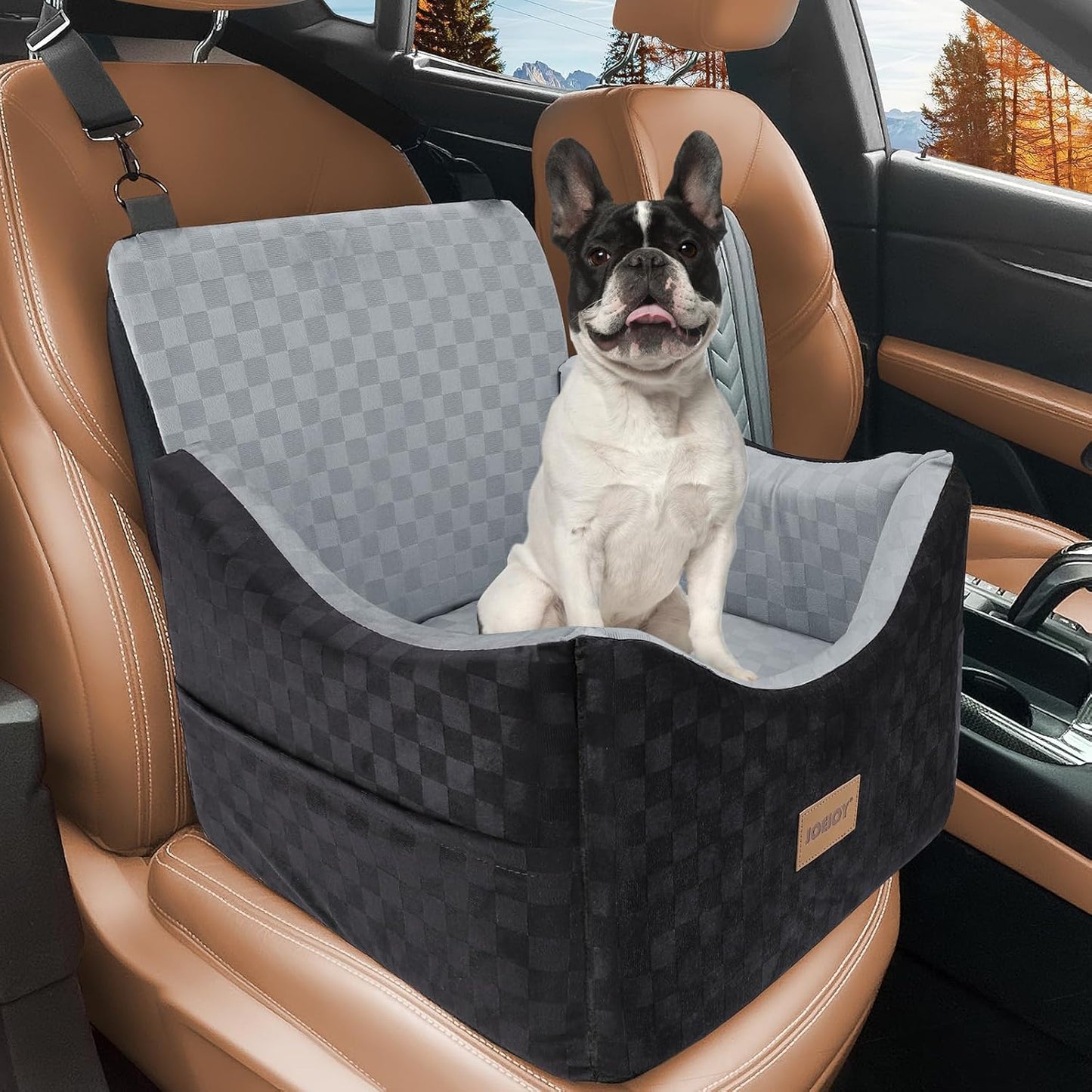 JOEJOY Memory Foam Dog Booster Seat: Secure Car Bed for Small/Medium Dogs up to 35 lbs. Includes Safety Belts, Washable Cover, & Storage Pockets. Grey.