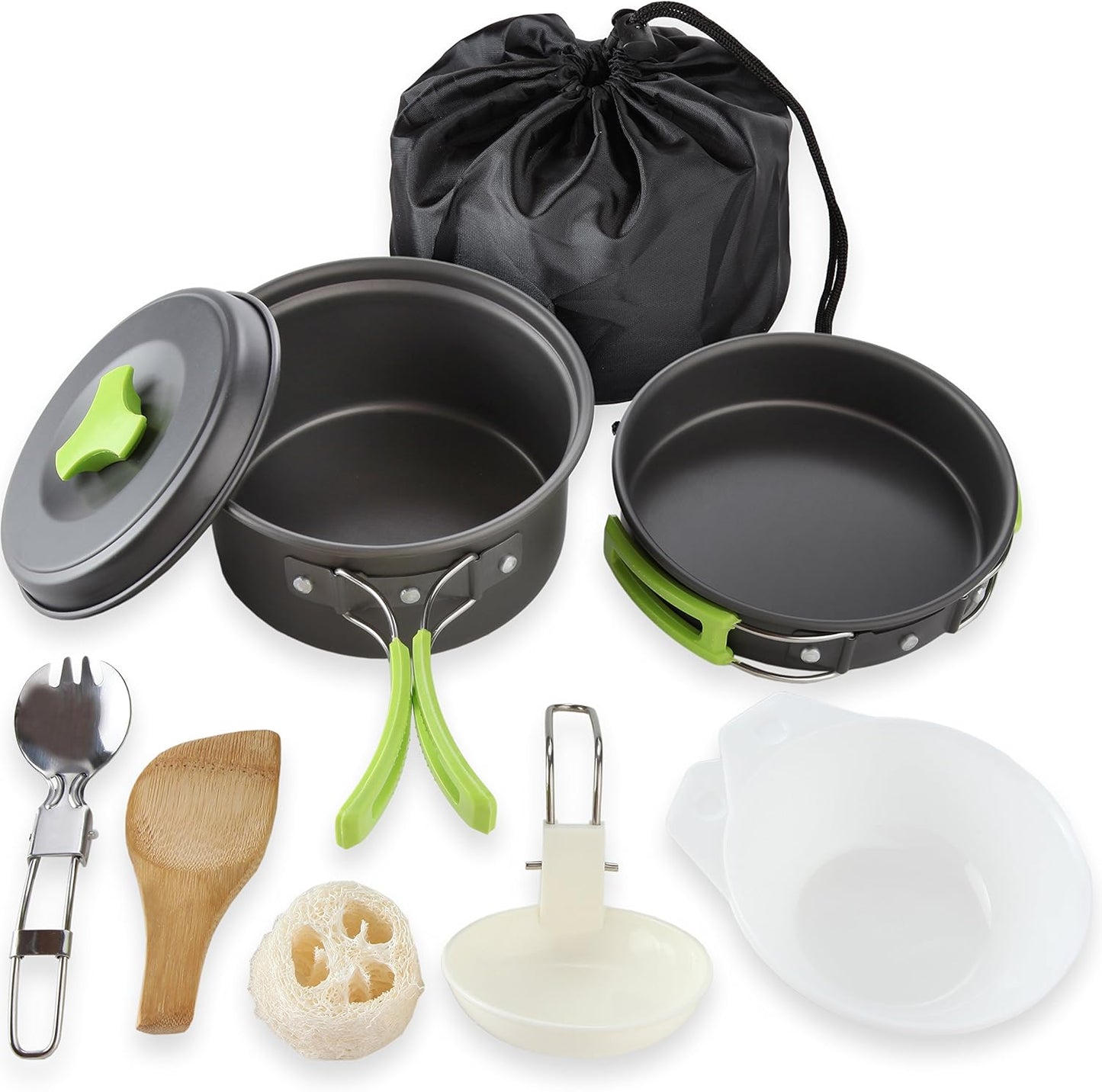 MalloMe Camping Cookware Mess Kit: Compact Backpacking Stove-Compatible Set, Includes Pots & Pans - Portable Camp Kitchen Equipment & Accessories.
