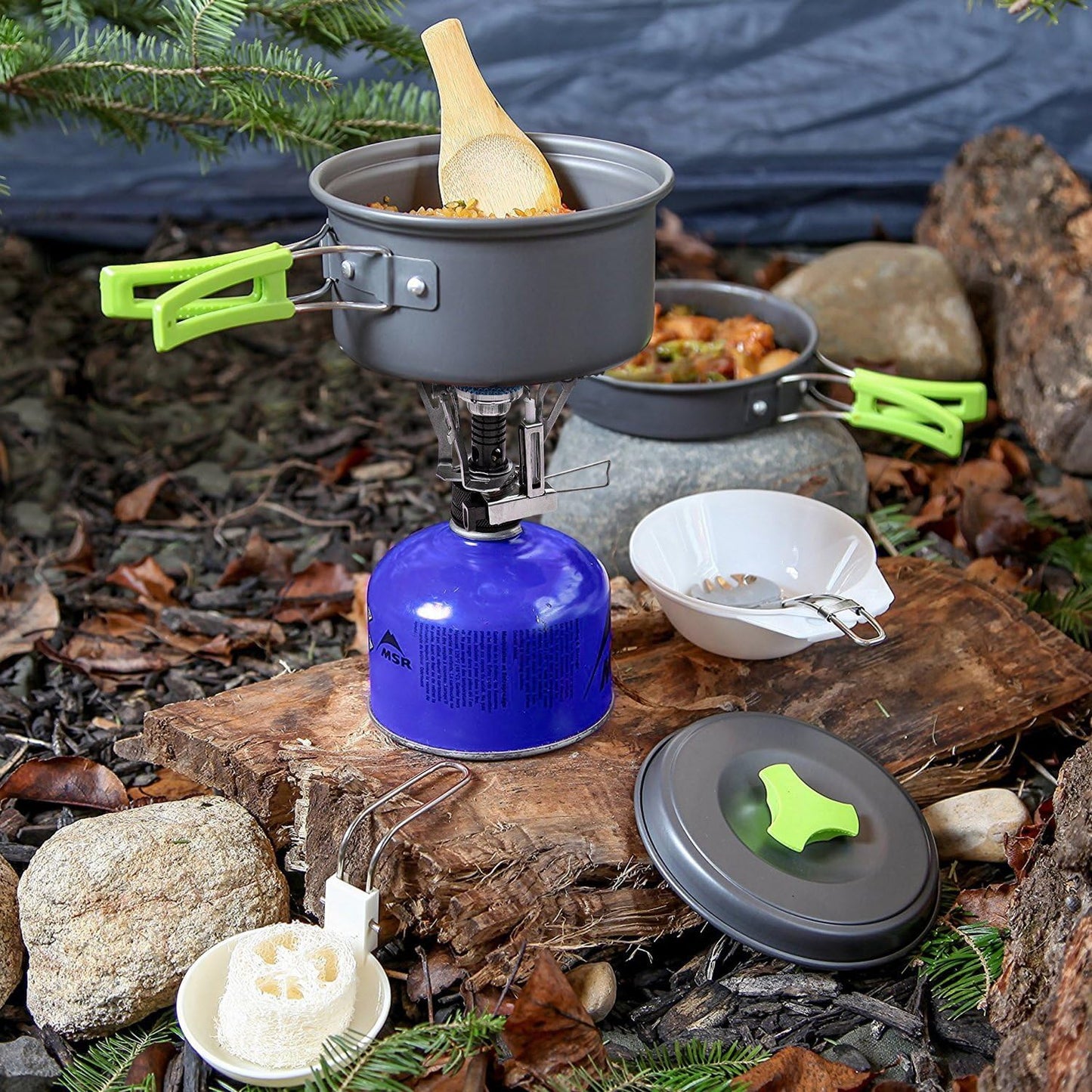 MalloMe Camping Cookware Mess Kit: Compact Backpacking Stove-Compatible Set, Includes Pots & Pans - Portable Camp Kitchen Equipment & Accessories.