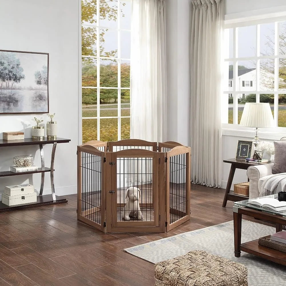 Pet Playpen with Wood and Wire, 6 Panels Extra Wide Freestanding Walk Through Dog Gate with 5 Support Feet, Foldable Sta