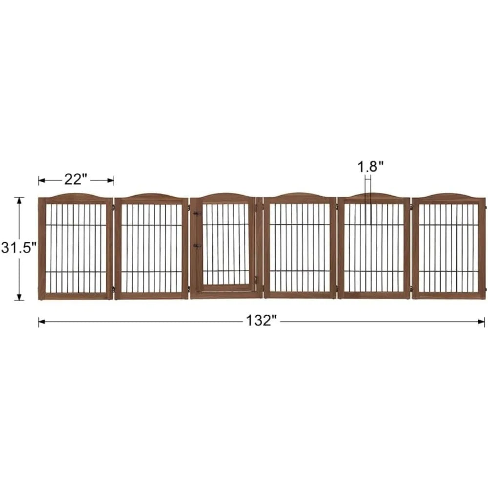 Pet Playpen with Wood and Wire, 6 Panels Extra Wide Freestanding Walk Through Dog Gate with 5 Support Feet, Foldable Sta