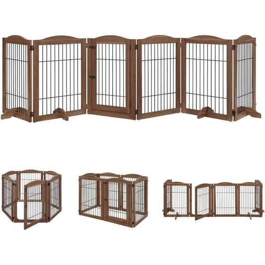 Pet Playpen with Wood and Wire, 6 Panels Extra Wide Freestanding Walk Through Dog Gate with 5 Support Feet, Foldable Sta