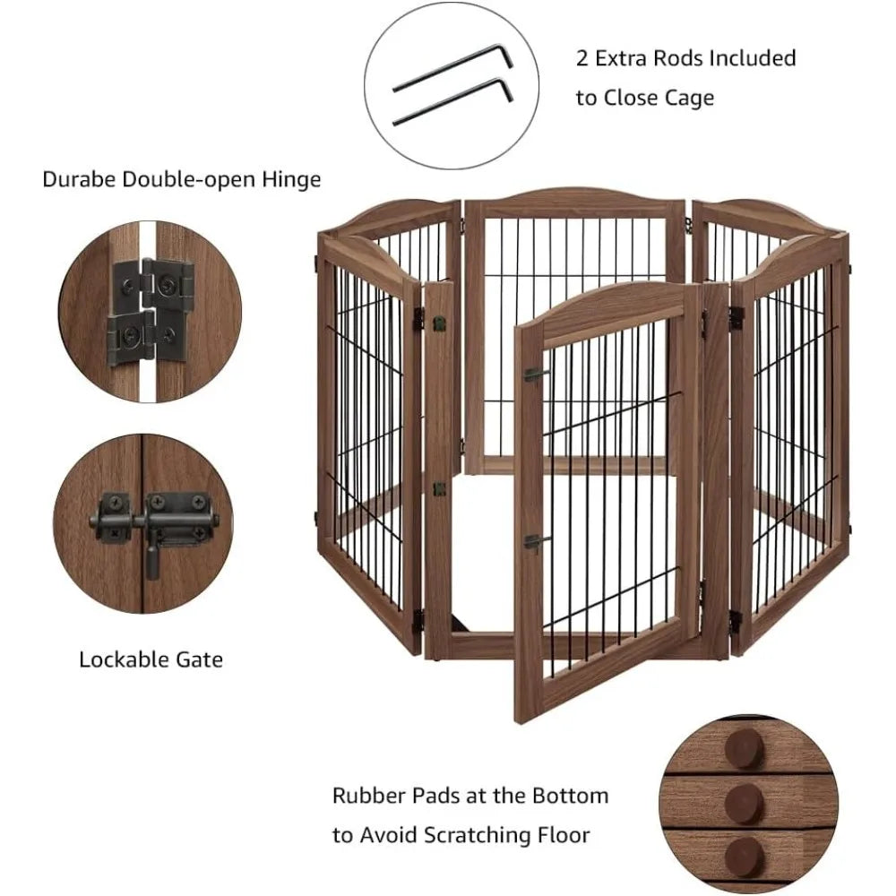 Pet Playpen with Wood and Wire, 6 Panels Extra Wide Freestanding Walk Through Dog Gate with 5 Support Feet, Foldable Sta