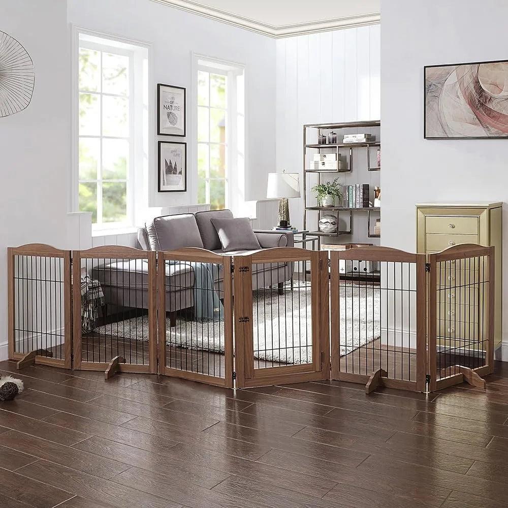 Pet Playpen with Wood and Wire, 6 Panels Extra Wide Freestanding Walk Through Dog Gate with 5 Support Feet, Foldable Sta
